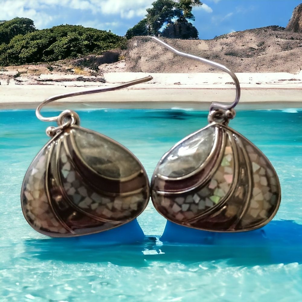 Lia Sophia Seaside Earrings Silver Tone‎ Shell Abalone Mosaic Dangle Coastal